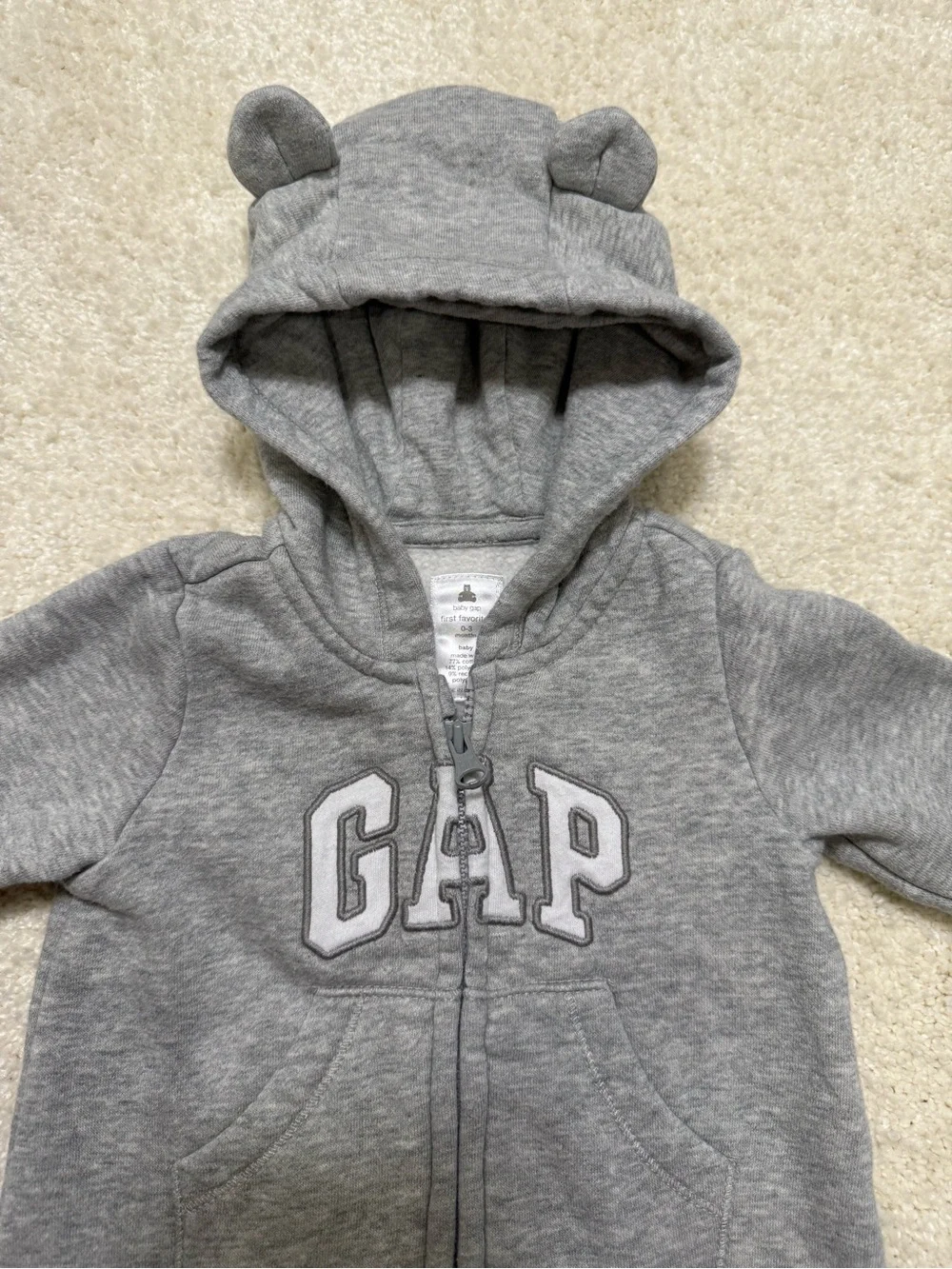GAP Baby Gray Hooded Footed Zippered One Piece with Ears Size 0-3 Months